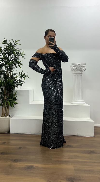 Antrasit Kayık Yaka Pul Payet Büyük Beden Abiye Elbise