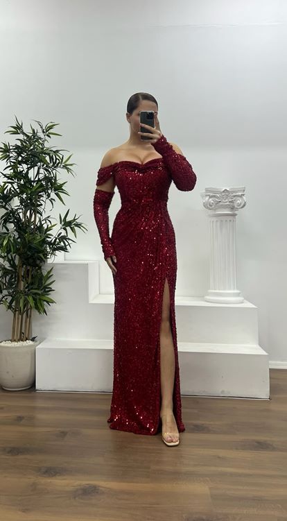 Kırmızı Kayık Yaka Pul Payet Büyük Beden Abiye Elbise