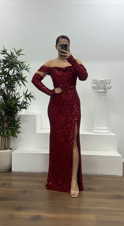 Kırmızı Kayık Yaka Pul Payet Büyük Beden Abiye Elbise