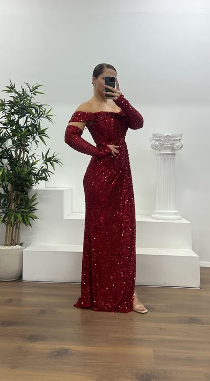 Kırmızı Kayık Yaka Pul Payet Büyük Beden Abiye Elbise