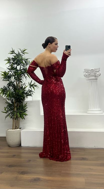 Kırmızı Kayık Yaka Pul Payet Büyük Beden Abiye Elbise