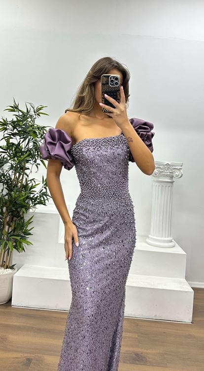 Lila Balon Kol İşlemeli Abiye Elbise