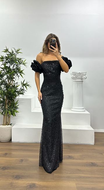 Black Balloon Sleeve Embroidered Evening Dress