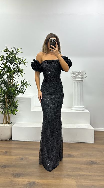 Siyah Balon Kol İşlemeli Abiye Elbise