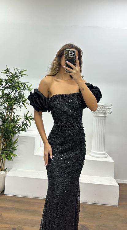 Siyah Balon Kol İşlemeli Abiye Elbise