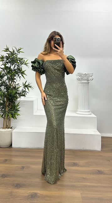 Khaki Balloon Sleeve Embroidered Evening Dress
