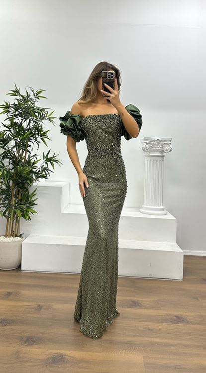 Haki Balon Kol İşlemeli Abiye Elbise