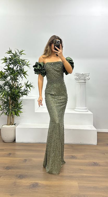 Haki Balon Kol İşlemeli Abiye Elbise