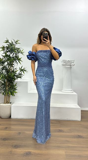 Indigo Balloon Sleeve Embroidered Evening Dress