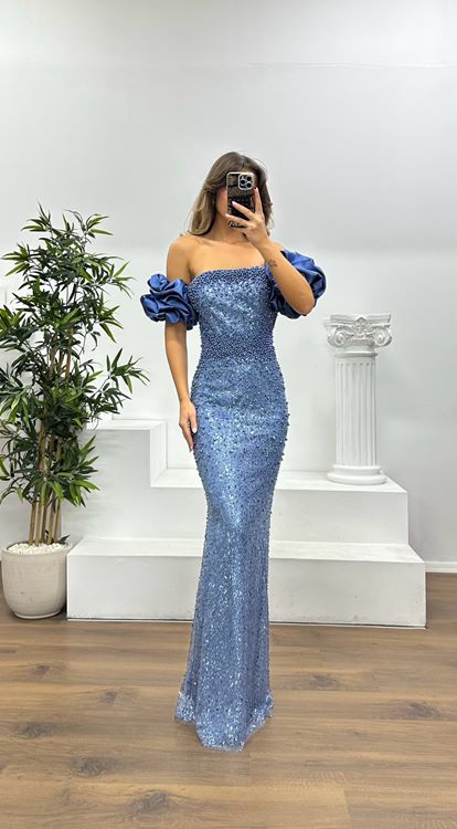 İndigo Balon Kol İşlemeli Abiye Elbise