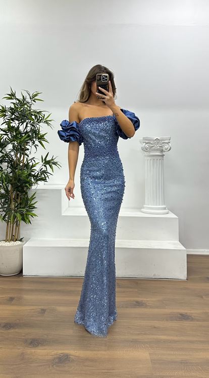 İndigo Balon Kol İşlemeli Abiye Elbise