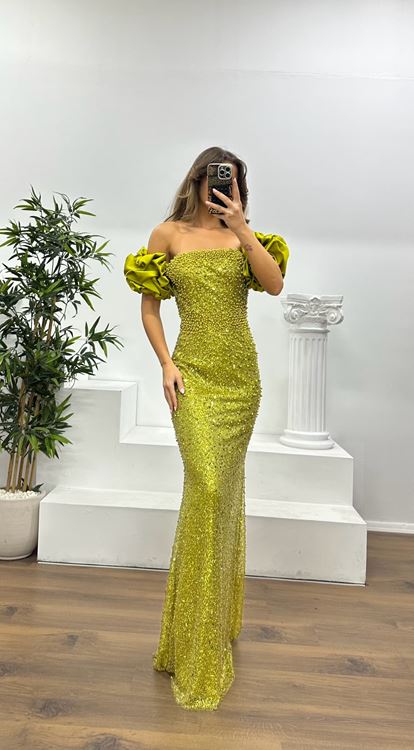 Fıstık Balon Kol İşlemeli Abiye Elbise