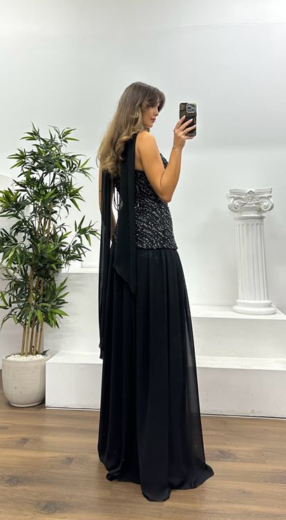 Siyah Asimetrik Kesim Straplez Abiye Elbise