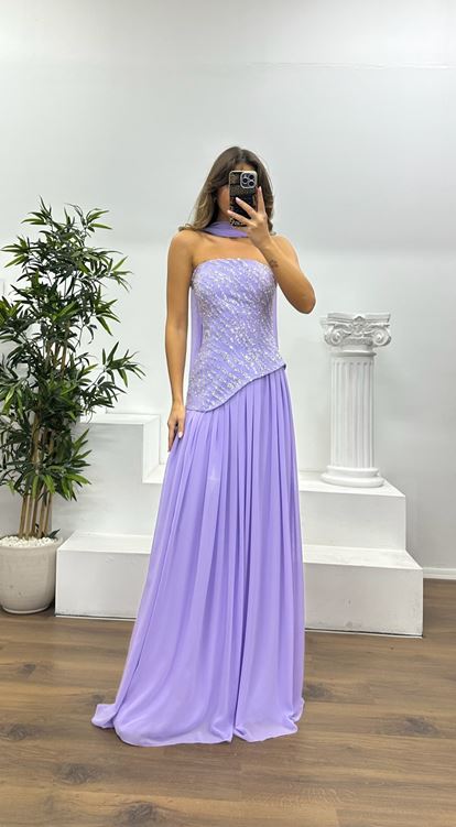 Lilac Asymmetrical Cut Strapless Evening Dress