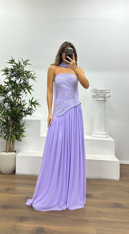 Lilac Asymmetrical Cut Strapless Evening Dress
