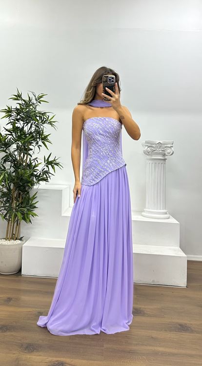 Lilac Asymmetrical Cut Strapless Evening Dress