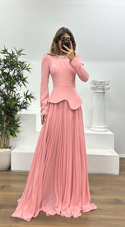 Pudra Yaka Taş Detay Piliseli  Abiye Elbise