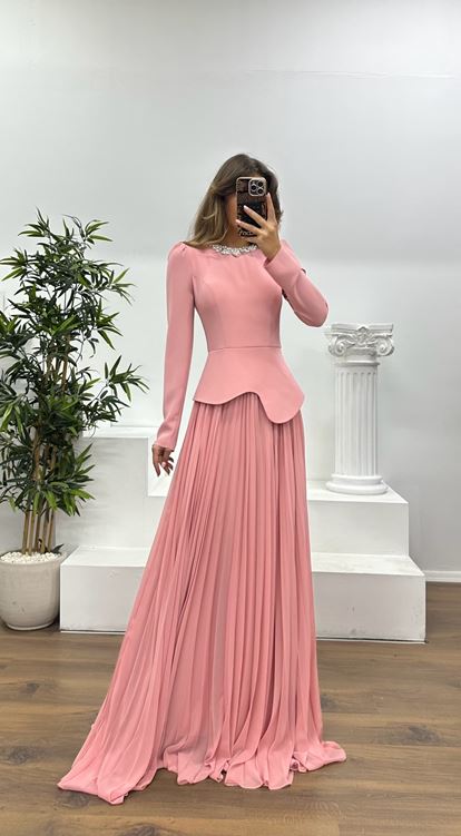 Pudra Yaka Taş Detay Piliseli  Abiye Elbise