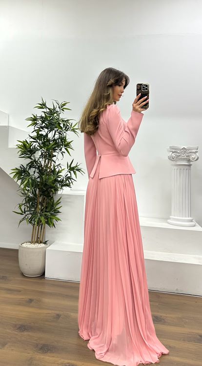 Pudra Yaka Taş Detay Piliseli  Abiye Elbise