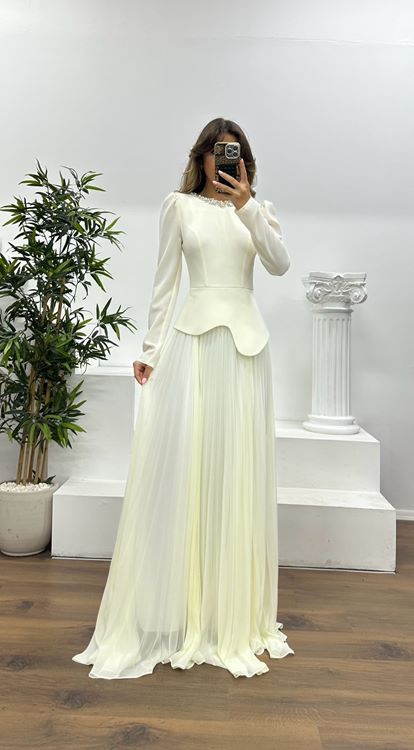 Pleated Evening Dress with Bone Collar and Stone Detail