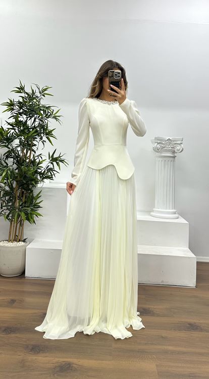 Pleated Evening Dress with Bone Collar and Stone Detail