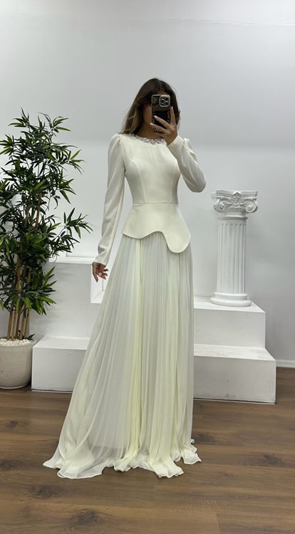 Pleated Evening Dress with Bone Collar and Stone Detail