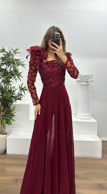 Bordo İşlemeli Abiye Elbise