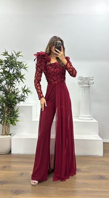Burgundy Embroidered Evening Dress