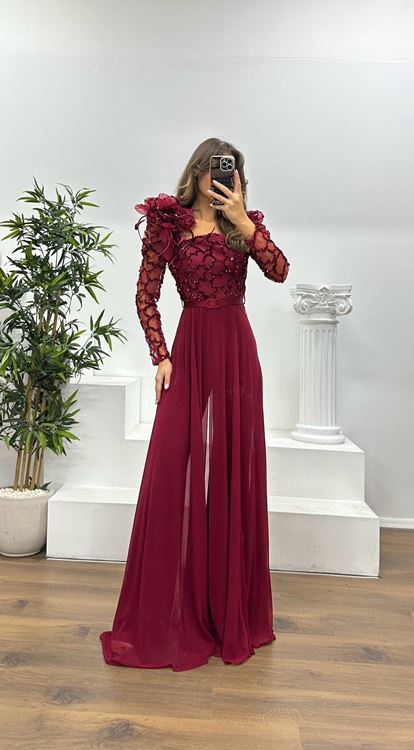 Bordo İşlemeli Abiye Elbise