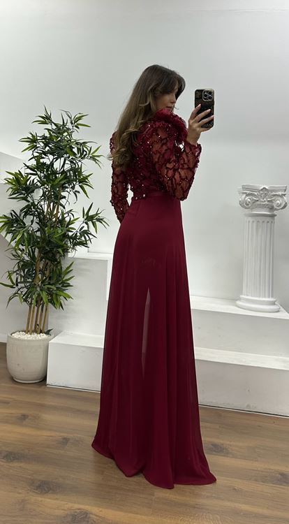 Bordo İşlemeli Abiye Elbise