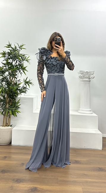 Anthracite Embroidered Evening Dress