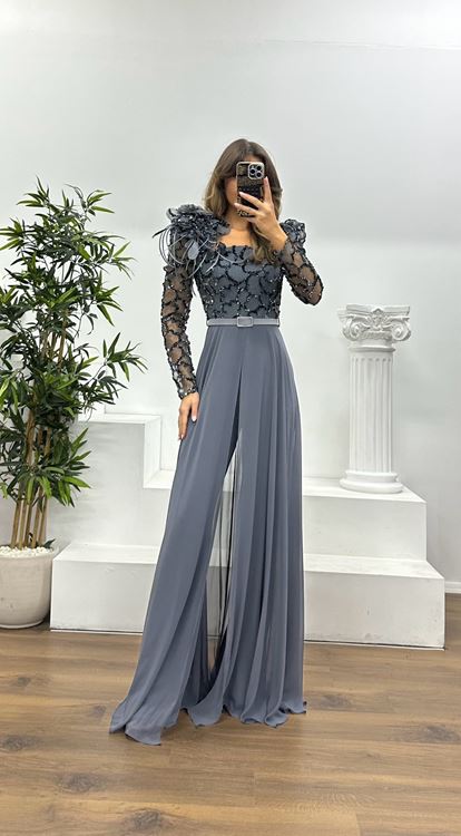 Anthracite Embroidered Evening Dress