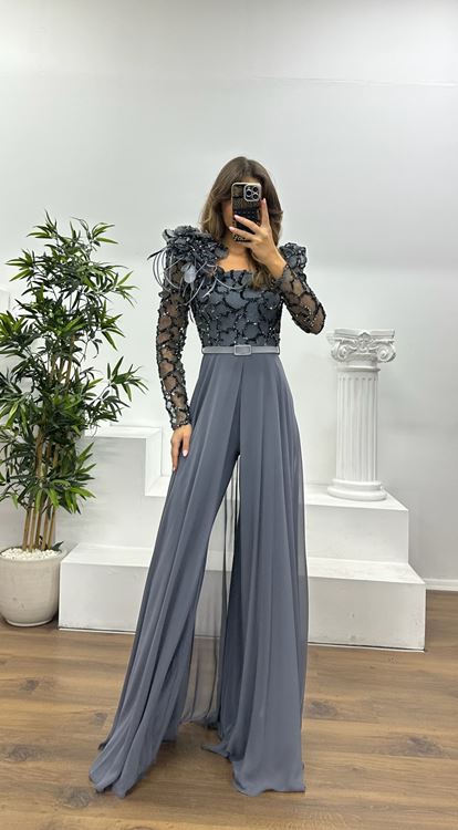 Anthracite Embroidered Evening Dress
