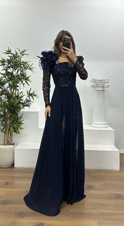 Navy Blue Embroidered Evening Dress