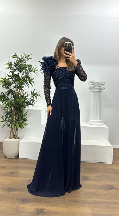 Navy Blue Embroidered Evening Dress