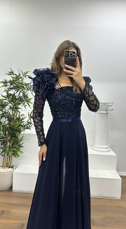 Navy Blue Embroidered Evening Dress