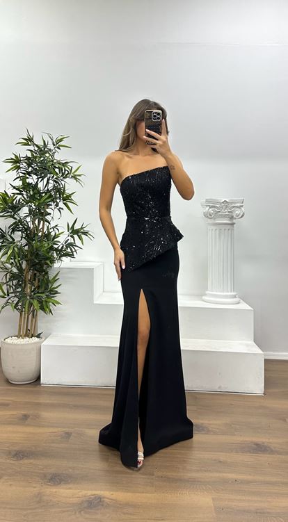 Schwarzes trägerloses besticktes Abendkleid