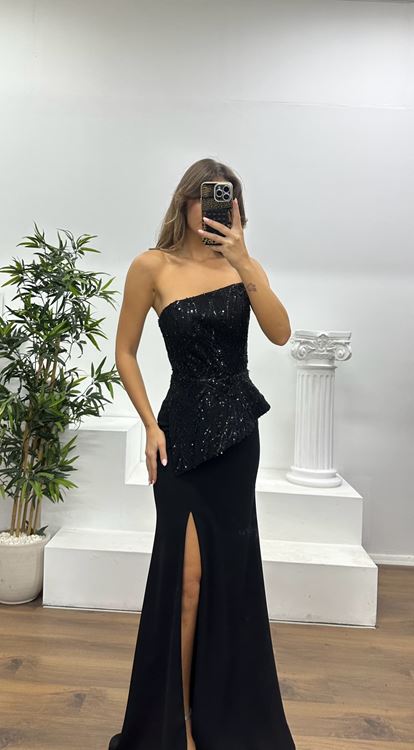 Schwarzes trägerloses besticktes Abendkleid
