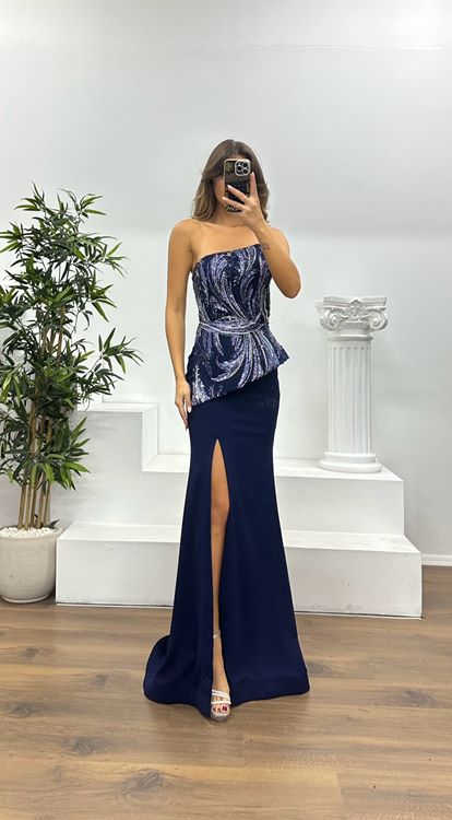 Navy Blue Strapless Embroidered Evening Dress