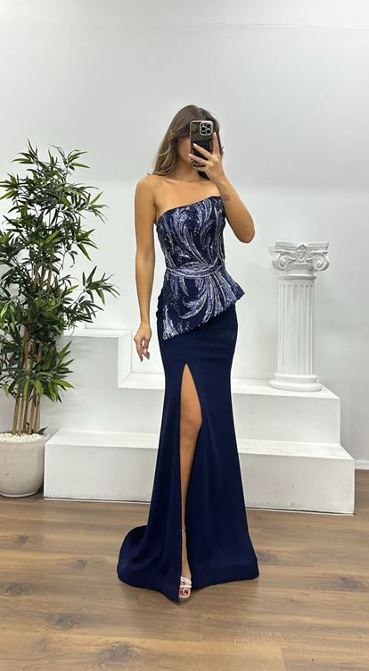 Navy Blue Strapless Embroidered Evening Dress