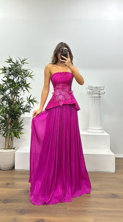 Fuşya Straplez Piliseli Abiye Elbise