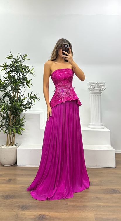 Fuşya Straplez Piliseli Abiye Elbise