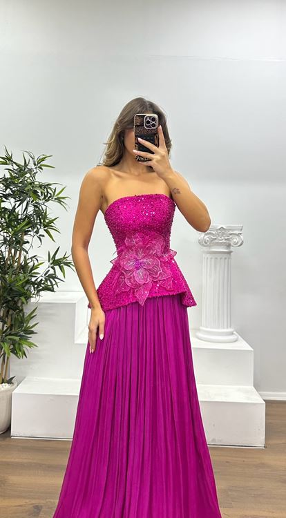 Fuşya Straplez Piliseli Abiye Elbise