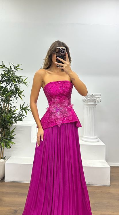 Fuşya Straplez Piliseli Abiye Elbise