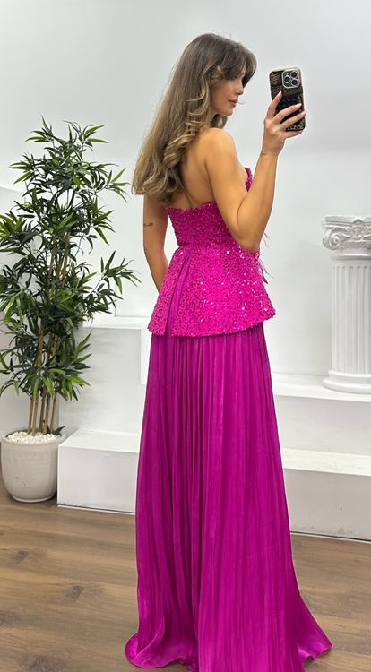 Fuşya Straplez Piliseli Abiye Elbise