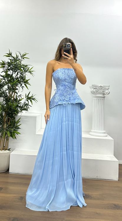 Blue Strapless Pleated Evening Dress