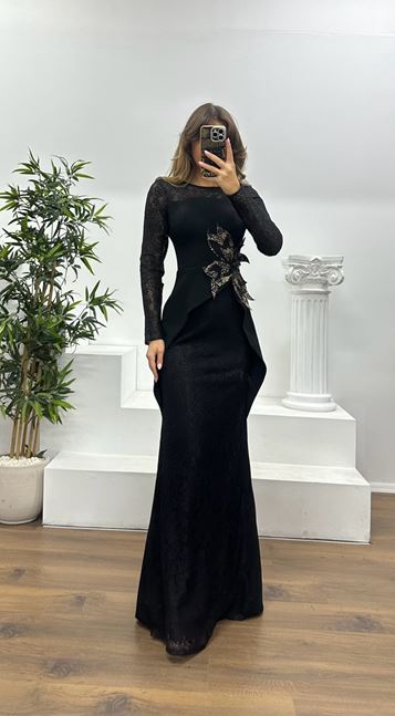 Siyah Güpürlü Abiye Elbise