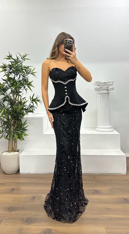 Black Strapless Corset Detail Embroidered Evening Dress