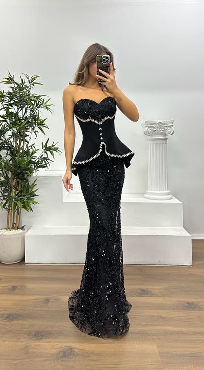 Black Strapless Corset Detail Embroidered Evening Dress