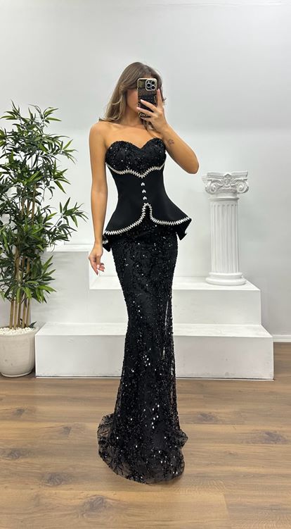 Black Strapless Corset Detail Embroidered Evening Dress